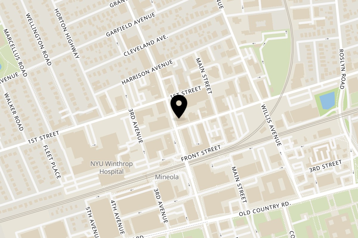 Map showing the location of Spaghettini Pizza Trattoria on 106 Mineola Boulevard in Mineola